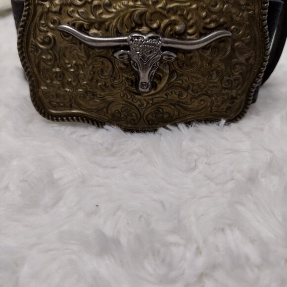 Western Longhorn Skull Statement Belt Engraved Gold Buckle Ranch Style - Picture 4 of 12
